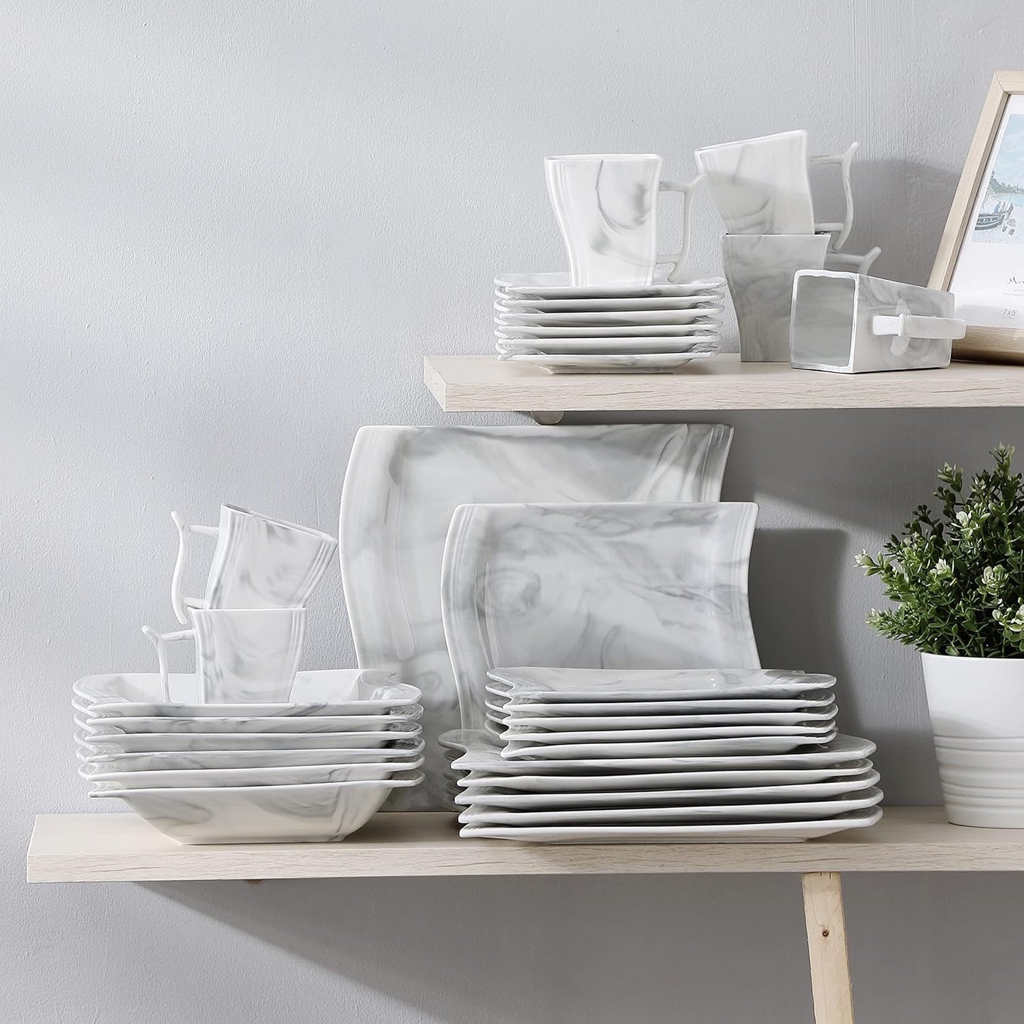 Plates and Bowls Sets, 30 Piece Porcelain Dinnerware Sets for 6, Square Dinnerware Set with Dinner Plate, Dessert Plate, Soup Plate, Cup and Saucer, Modern Dish Set, Marble Grey, Series Flora