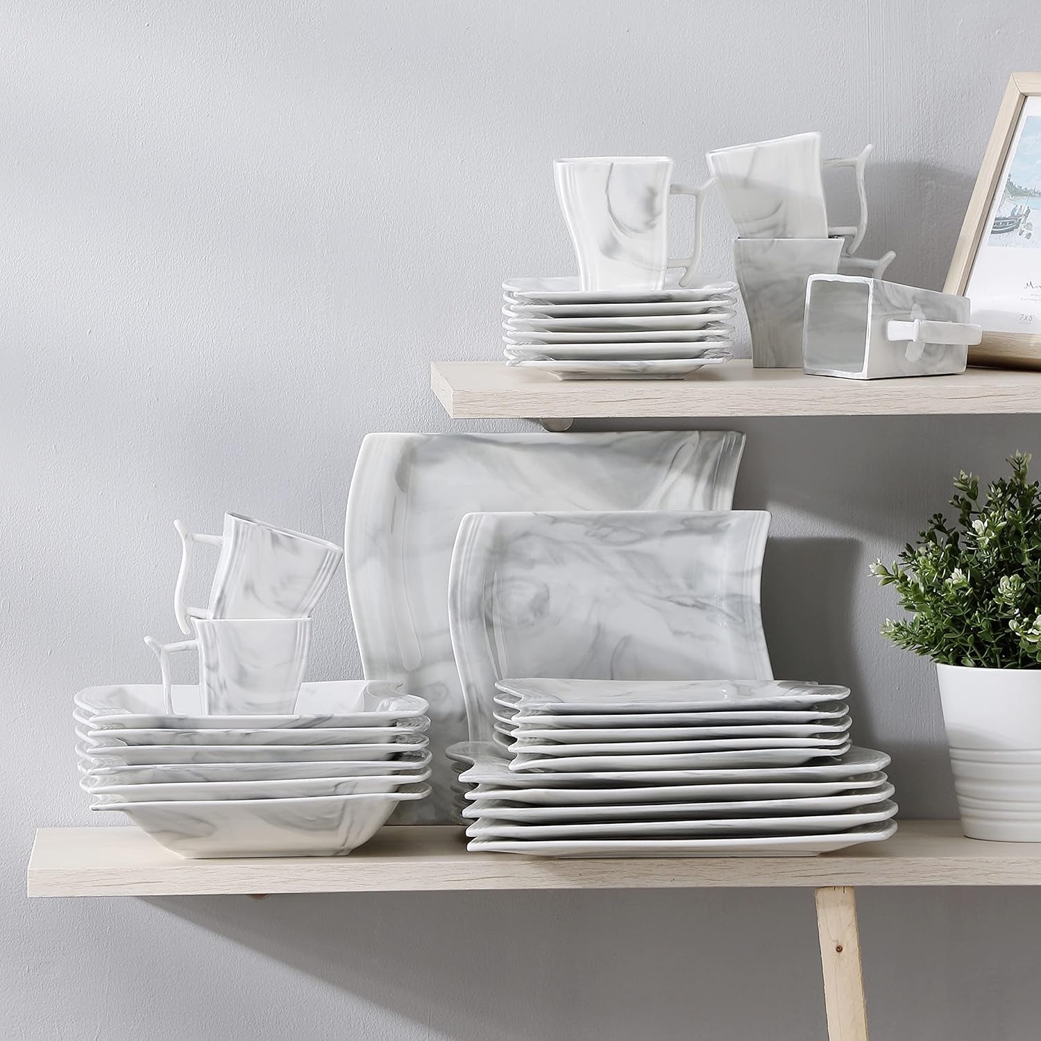 Plates and Bowls Sets, 30 Piece Porcelain Dinnerware Sets for 6, Square Dinnerware Set with Dinner Plate, Dessert Plate, Soup Plate, Cup and Saucer, Modern Dish Set, Marble Grey, Series Flora