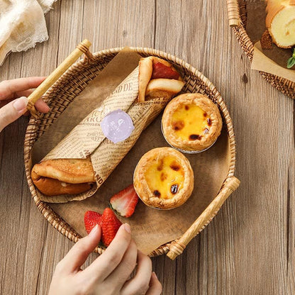 Woven Serving Tray, Rattan round Tray, Wicker Serving Basket with Wooden Handles (12.6 Inch / 32Cm)