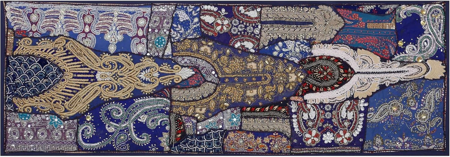 Linen Indian Table Runner 20" W X 80" L, Ethnic 100% Cotton Embroidered Handcrafted Mirror Art Long Patchwork Dining Indian Table Cloth (Blue)