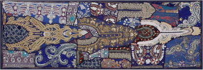 Linen Indian Table Runner 20" W X 80" L, Ethnic 100% Cotton Embroidered Handcrafted Mirror Art Long Patchwork Dining Indian Table Cloth (Blue)