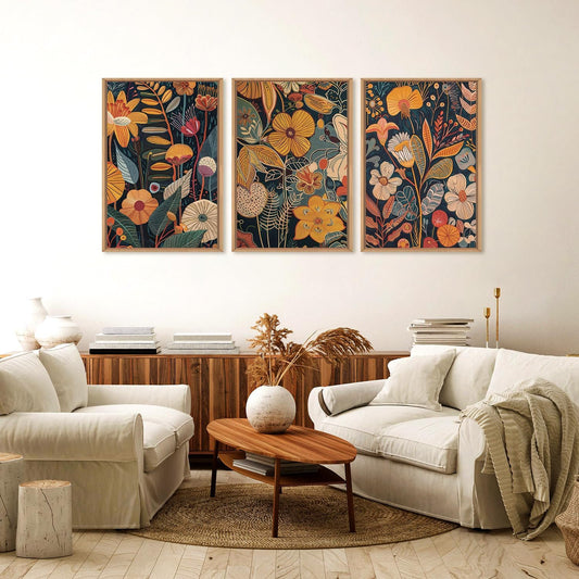 Burnt Orange Floral Framed Wall Art Set, Large Boho Botanical Canvas Wall Decor, Mid Century Modern Plant Wall Prints, 3 Piece 16X24 Inches Art Print for Living Room, Bedroom, Office