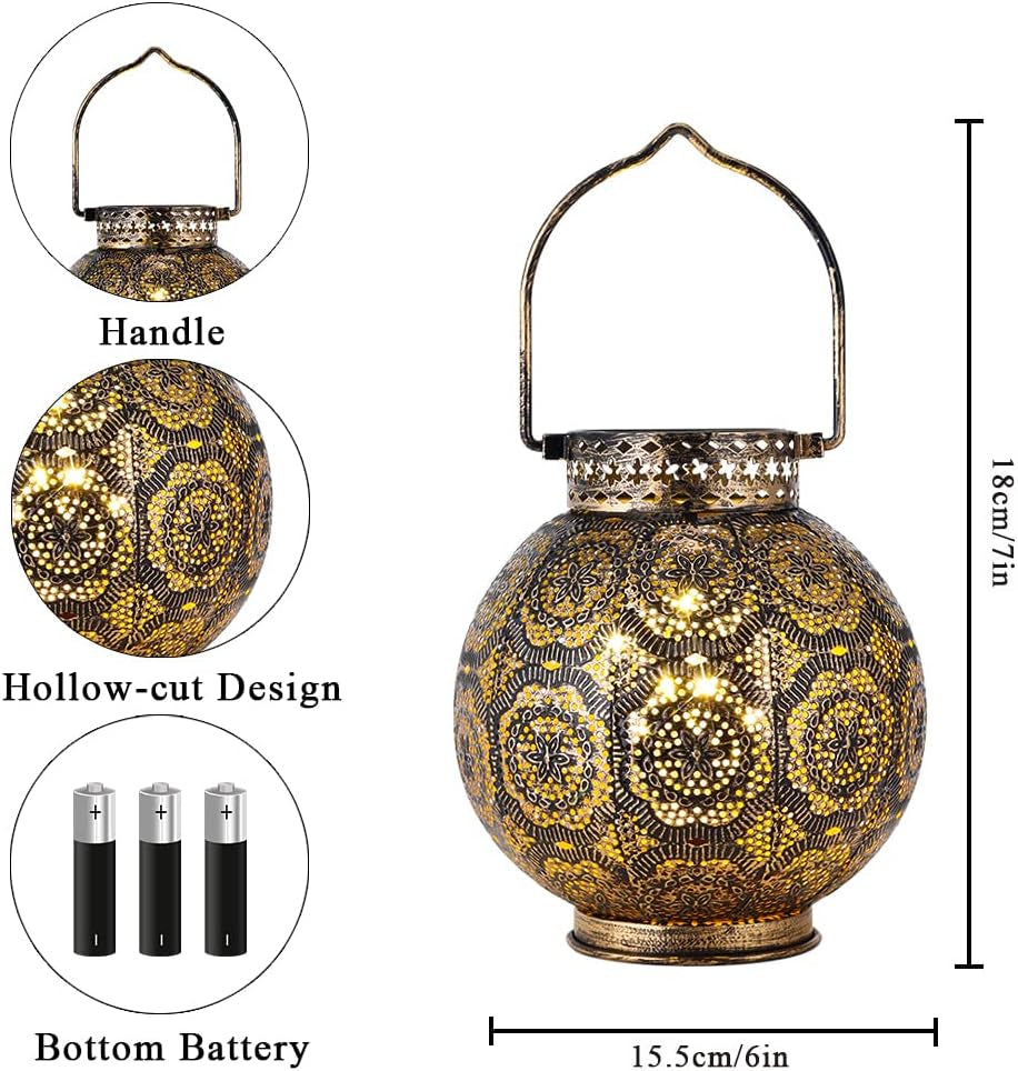 Set of 2 Moroccan Decorative Lamps 7'' High Battery Powered Cordless Lamp Metal Table Lamps with Fairy Lights Bulb for Home Living Room Garden Yard Party Events Tabletop Indoor Outdoor(Brown)