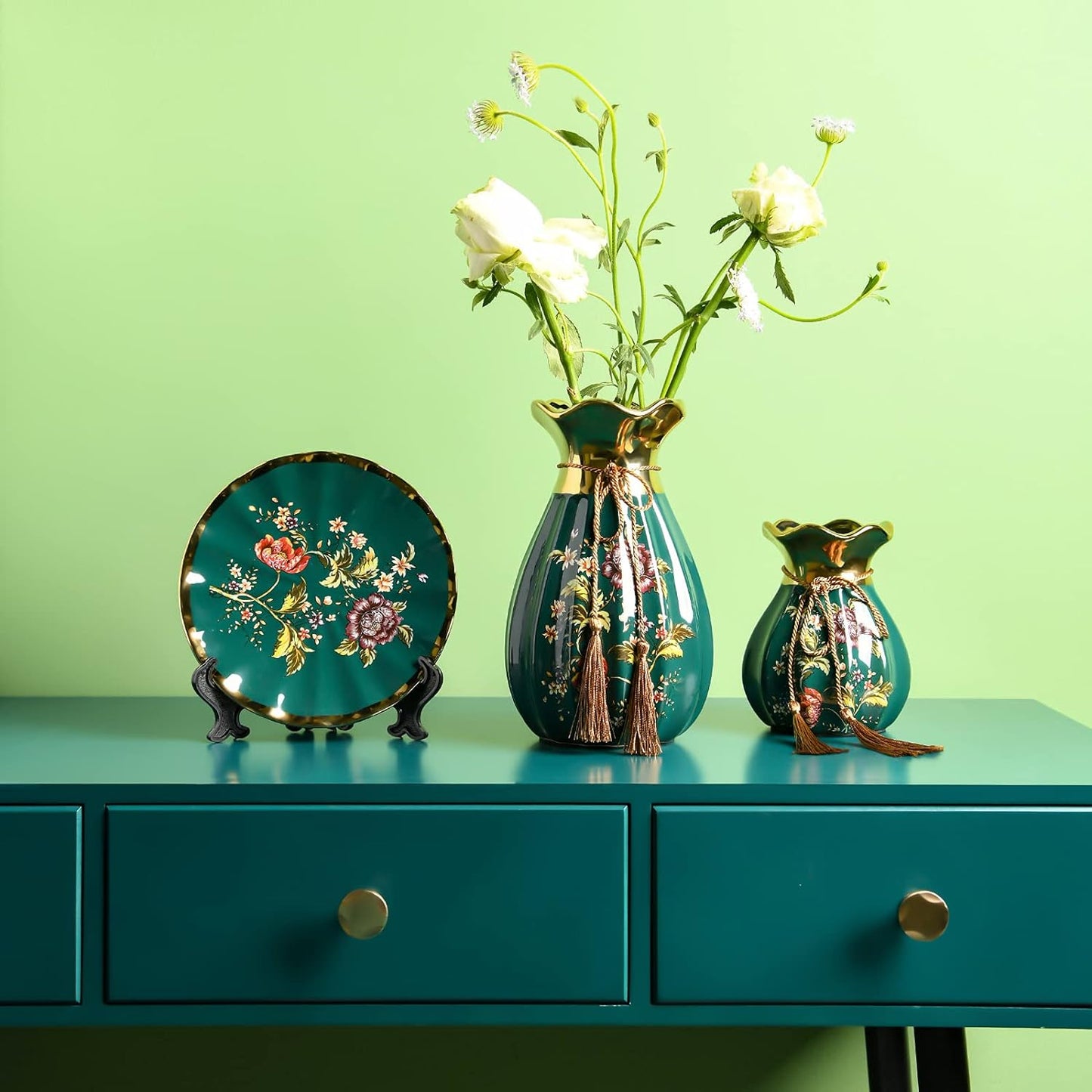 Ceramic Vases Set of 3 for Home Decor, Chinese Classical and Gorgeous Pottery Vase, Flower