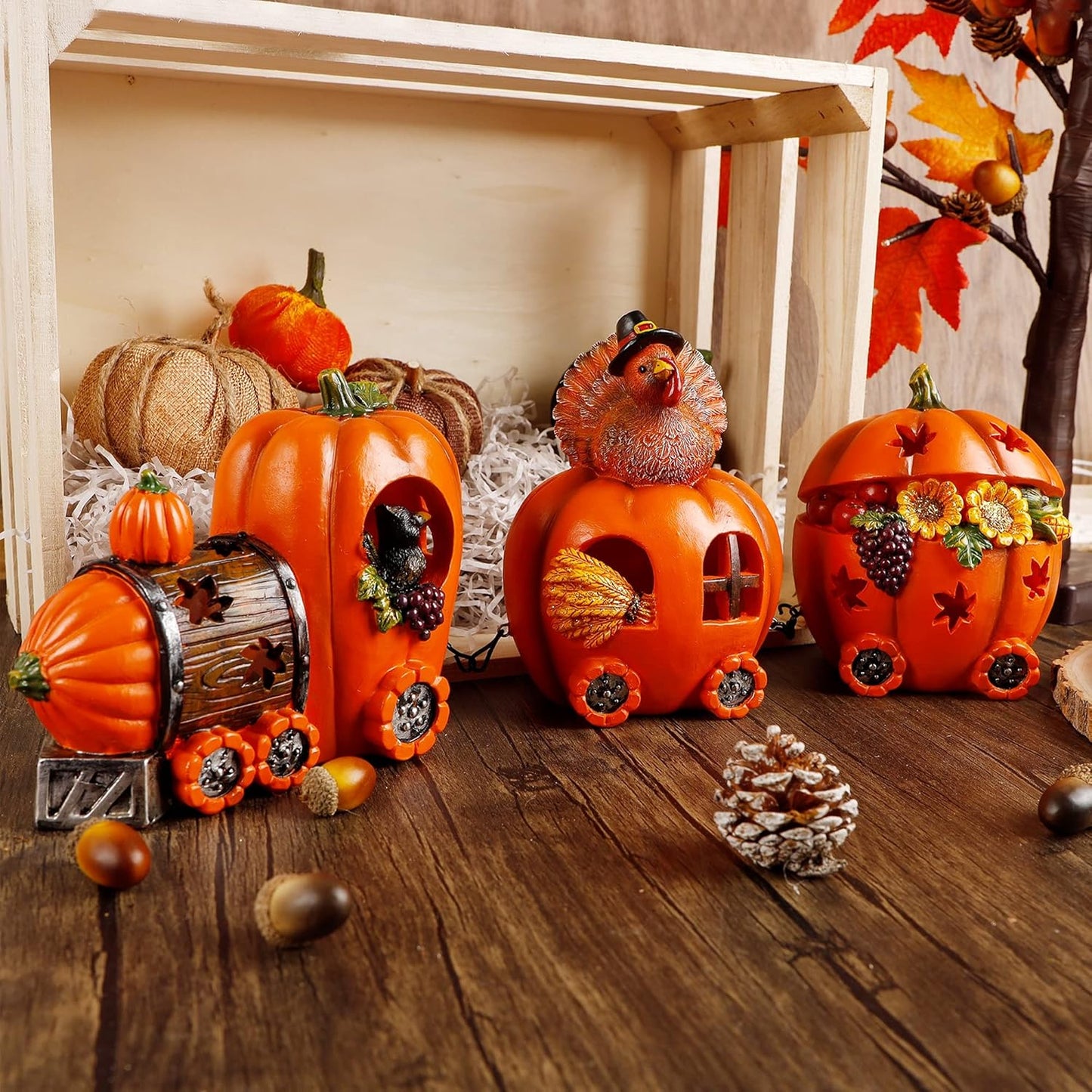 Thanksgiving Table Decorations Resin Pumpkin Turkey Carriage Train with LED Lights, Turkey Tabletop Centerpieces Fall Harvest Decor for Home Kitchen