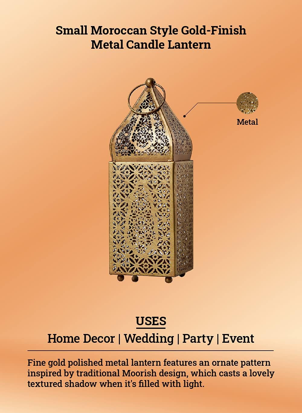 Elegant Moroccan Gold Candle Lantern - Perfect for Indian Weddings, Eid, and Ramadan Celebrations - 2.75" Diameter & 8.5" Tall