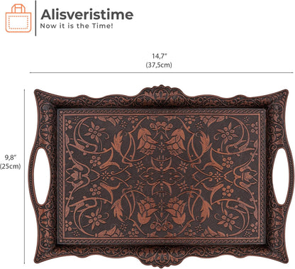 Ottoman Turkish Zamak Serving Tray with Traditional Motifs, Ideal for Coffee and Tea - Six Person Tray (14.5 X 9.85 In) (Copper)