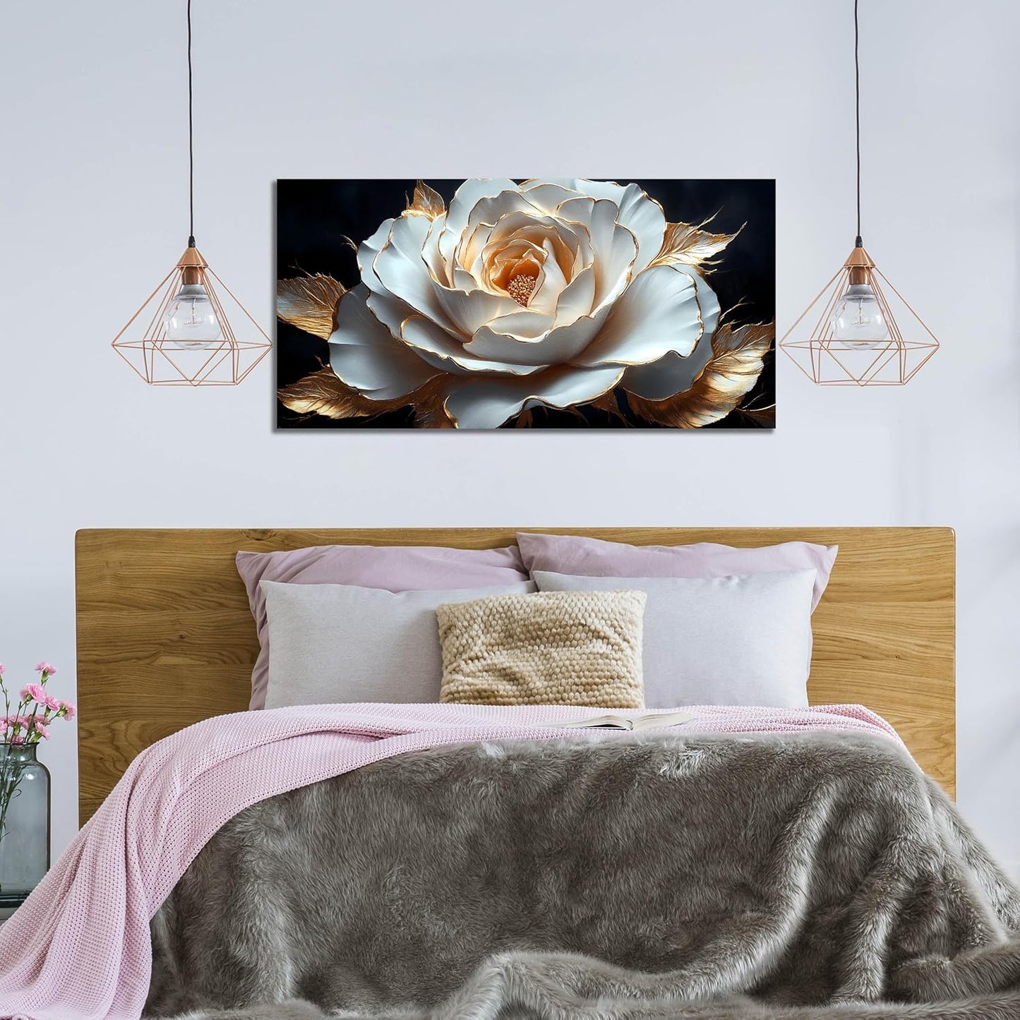 Large White Flower Canvas Wall Art for Living Room Bedroom Home Office Black and White Flower Picture Modern Canvas Prints Framed Wall Decor Artwork Size 20X40