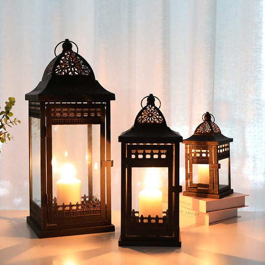 Set of 3 Decorative Candle Lanterns20&14.5"&9.5" High Vintage Style Hanging Lantern, Metal Candleholder for Indoor Outdoor, Events, Parities and Weddings（Black with Gold Brush）