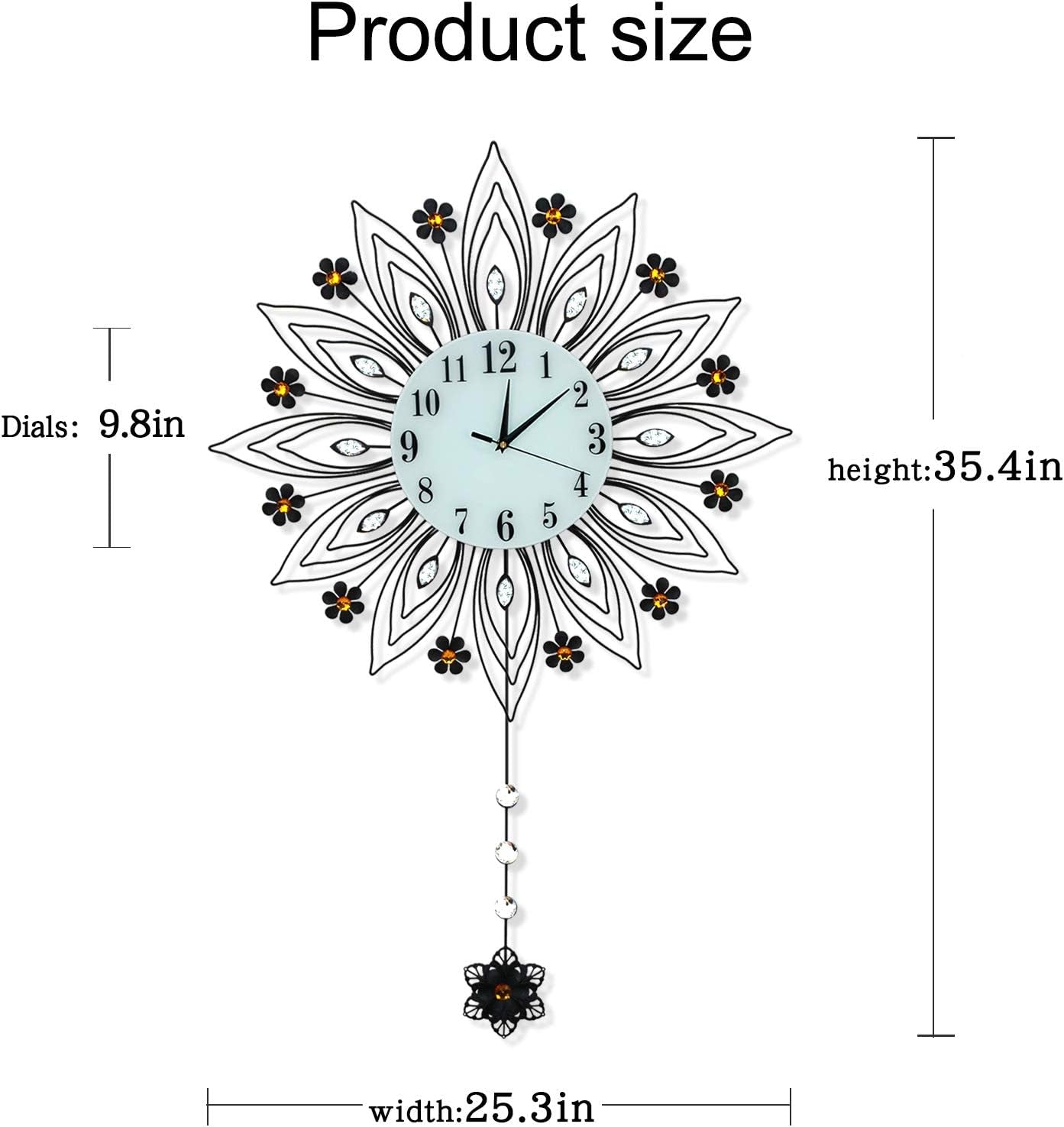 Large Pendulum Wall Clock,Non-Ticking Silent Quartz Metal Wall Clocks,Flower Fancy Wall Clocks for Living Room Decor