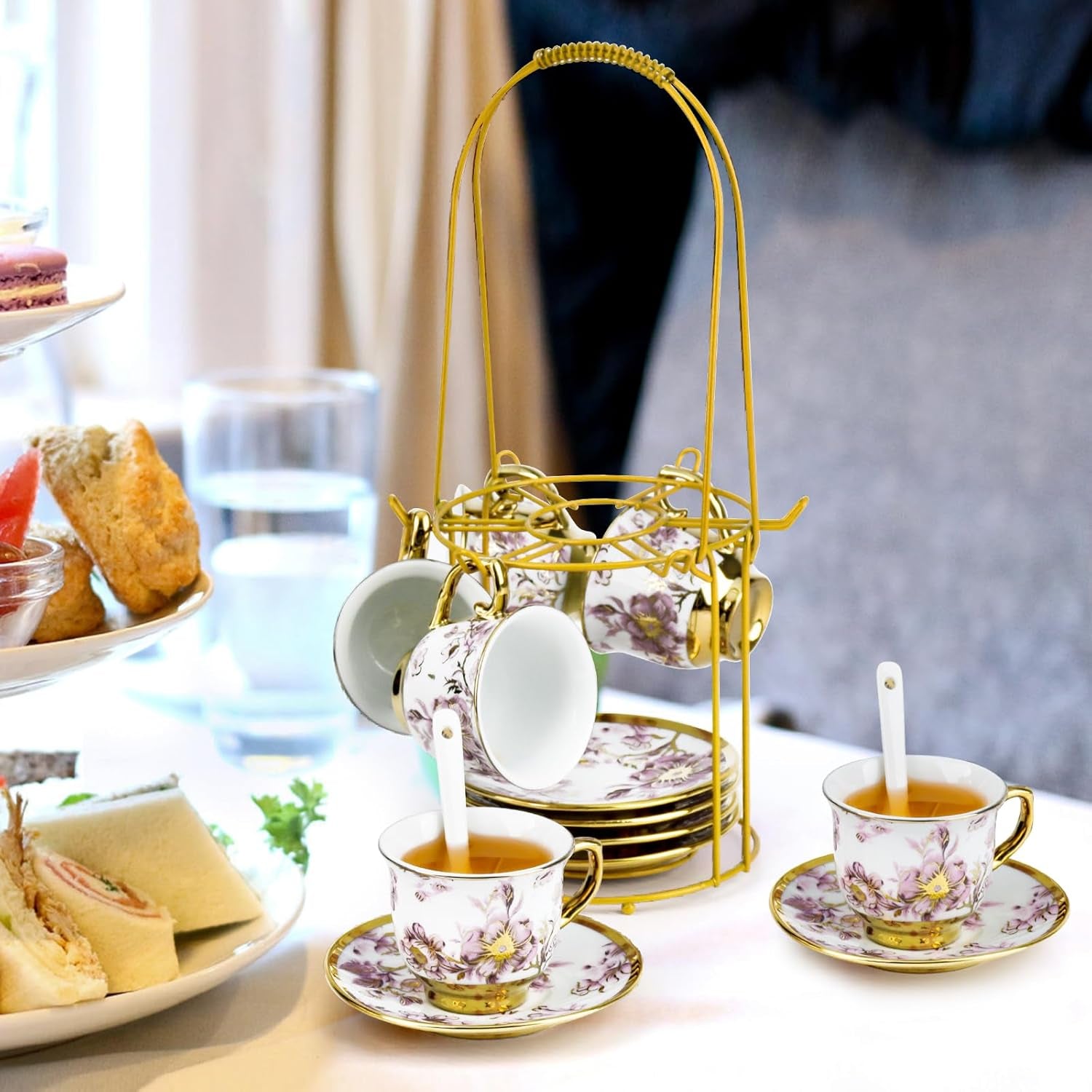 20 Pcs Porcelain Tea Set with Metal Holder, European Ceramic Tea Set for Adults, Adult Tea Set Gift, Flower Tea Cup Saucer Set for Party with Gold Flower Painting (Elegant Purple)