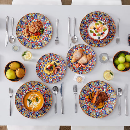 12 Pieces Dinnerware Sets, Orange Plates and Bowls Set, Porcelain Dishes Set for 4, Microwave and Dishwasher Safe, Scratch Resistant, Bohemian Style Dining Ware Service for 4, Series SIMI