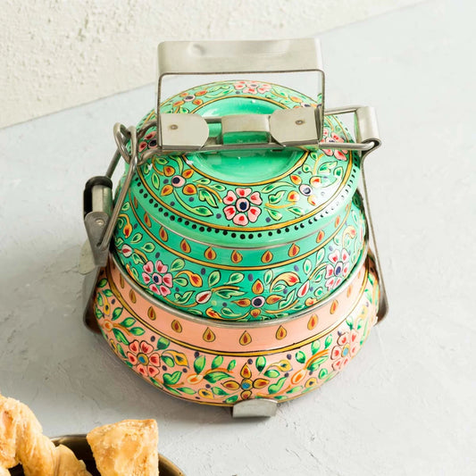 Two Tier Tiffin Box / Hand Painted Indian Style Tiffins/ Decorative Portable Steel and Enamel Food Containers /Gift for Hostess
