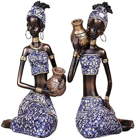 2Pcs Resin African Lady Figurine Sculpture Creative Art Sculptures for Home Decor Collection (A)
