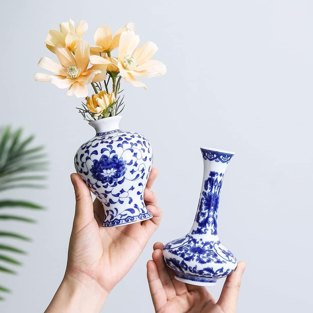 Small Blue and White Vase Classical Ceramic Vases Set of 3, Chinese Porcelain Vases with Art Flambed Glazed，Decorative Modern Floral Vase for Home Decor and Events (No.01)