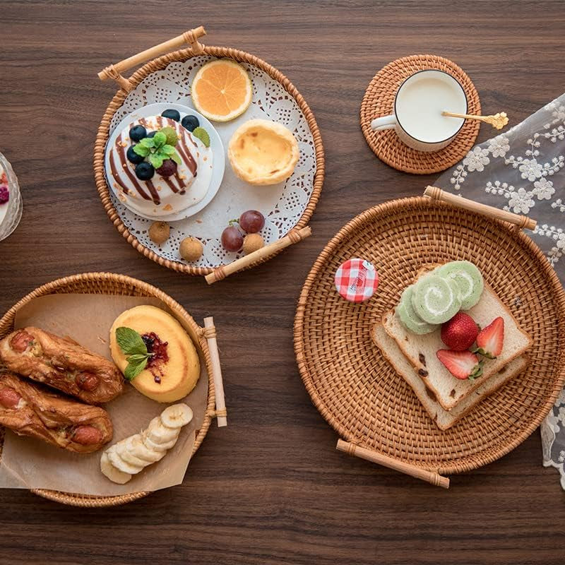 Woven Serving Tray, Rattan round Tray, Wicker Serving Basket with Wooden Handles (12.6 Inch / 32Cm)