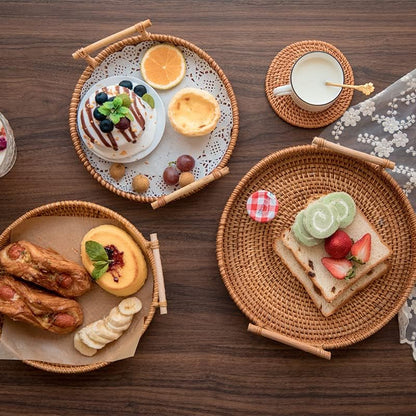 Woven Serving Tray, Rattan round Tray, Wicker Serving Basket with Wooden Handles (12.6 Inch / 32Cm)