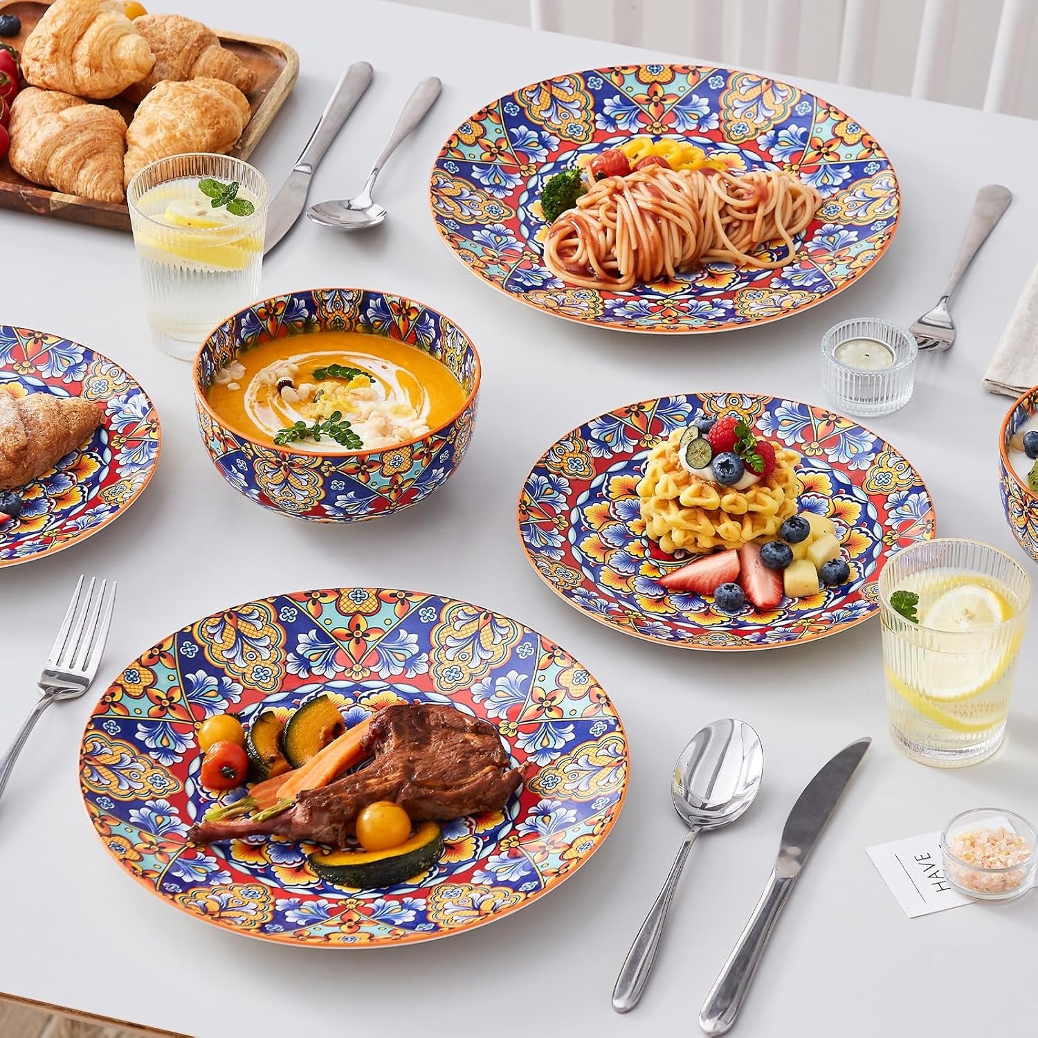 12 Pieces Dinnerware Sets, Orange Plates and Bowls Set, Porcelain Dishes Set for 4, Microwave and Dishwasher Safe, Scratch Resistant, Bohemian Style Dining Ware Service for 4, Series SIMI