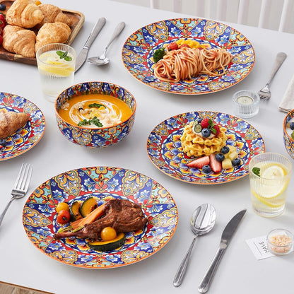 12 Pieces Dinnerware Sets, Orange Plates and Bowls Set, Porcelain Dishes Set for 4, Microwave and Dishwasher Safe, Scratch Resistant, Bohemian Style Dining Ware Service for 4, Series SIMI