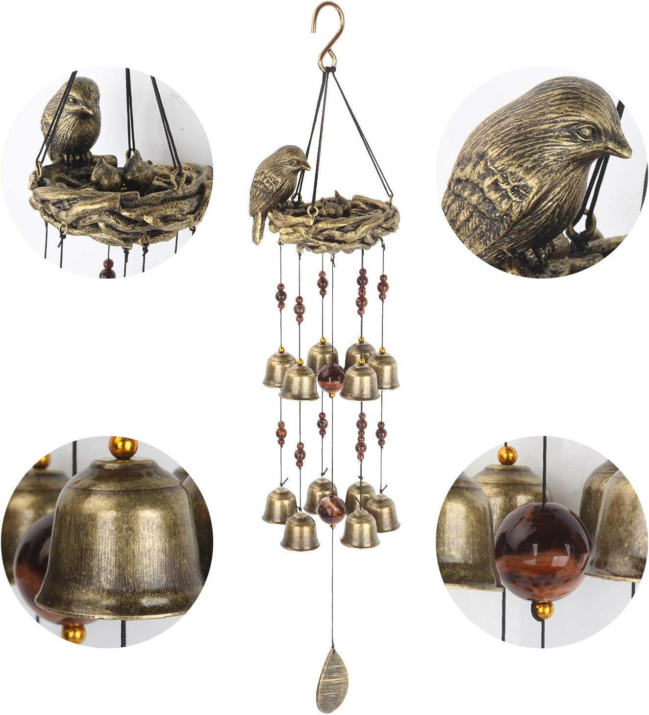 Bird Nest Wind Chime, Bird Bells Chimes with 12 Wind Bells for Glory Mother’S Love Gift, Garden Backyard Church Hanging Decor, Bronze