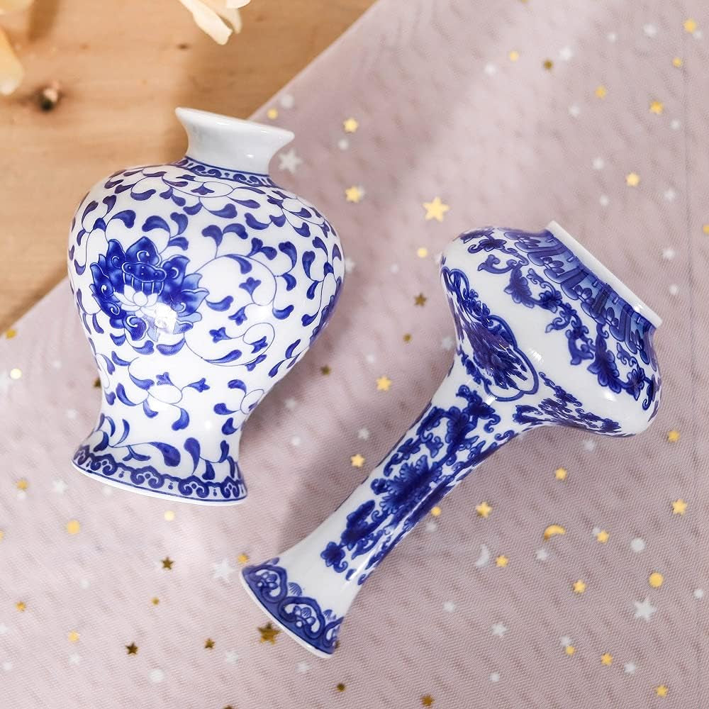 Small Blue and White Vase Classical Ceramic Vases Set of 3, Chinese Porcelain Vases with Art Flambed Glazed，Decorative Modern Floral Vase for Home Decor and Events (No.01)