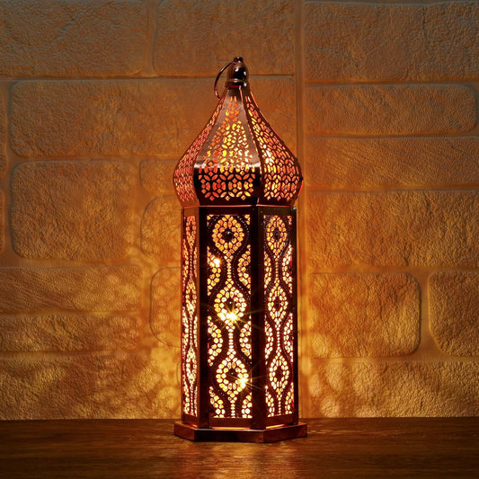 Moroccan Style Temple Hollow Iron Lantern, Vintage Ramadan Lamp Home Decoration Lights Ornaments,Hanging Metal Candle Holders Battery Operated for Table Indoor Decor（13.4 Inch Rose Gold）
