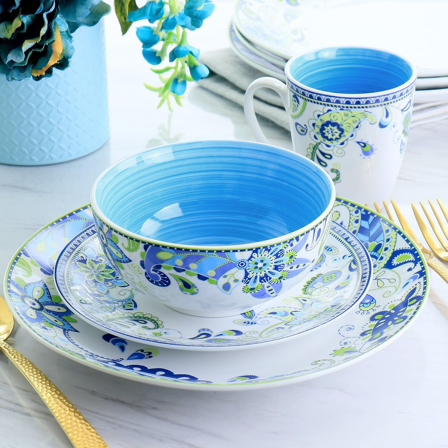 Blue Crush 16 Piece round Porcelain Dinnerware Set