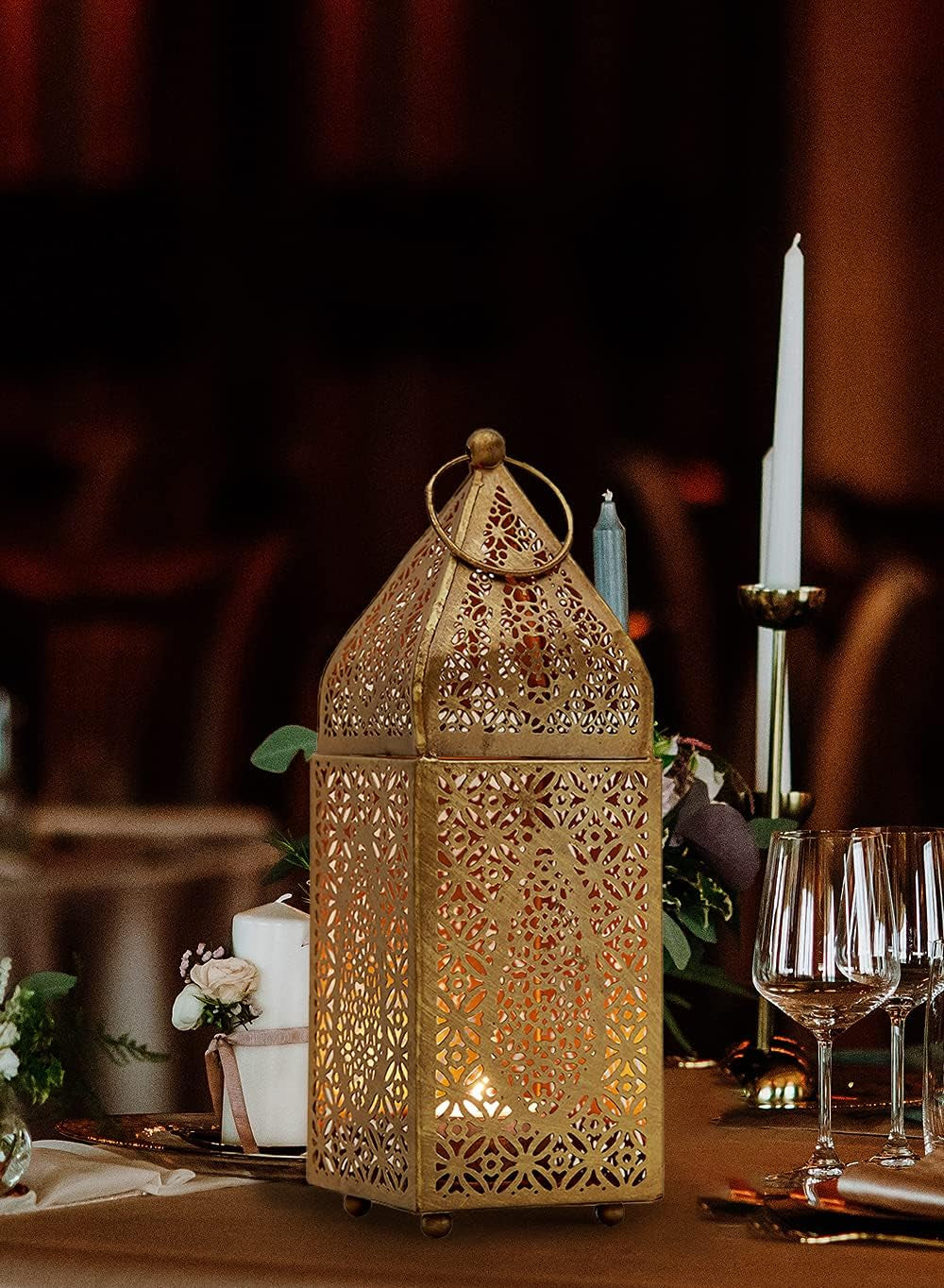 Elegant Moroccan Gold Candle Lantern - Perfect for Indian Weddings, Eid, and Ramadan Celebrations - 2.75" Diameter & 8.5" Tall