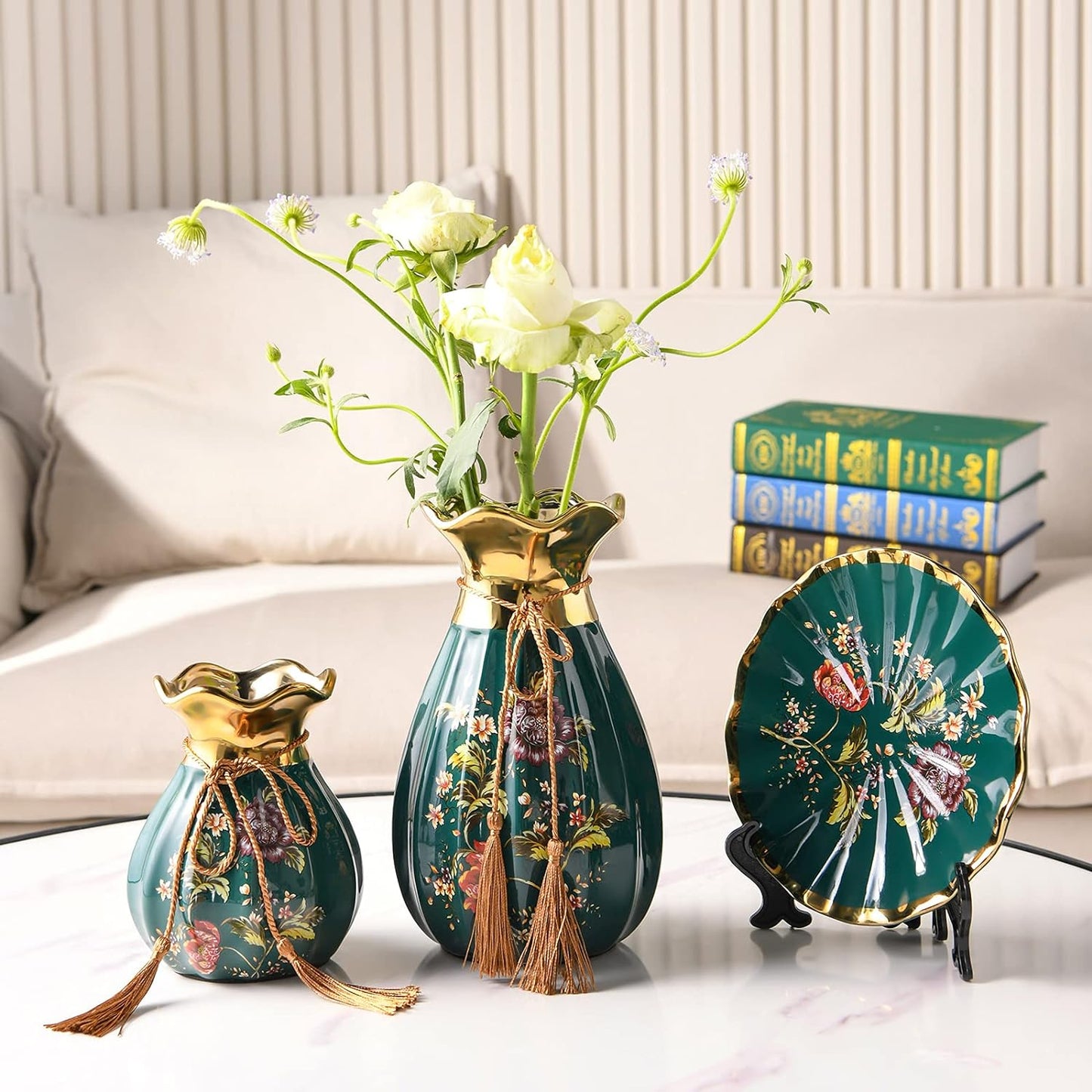 Ceramic Vases Set of 3 for Home Decor, Chinese Classical and Gorgeous Pottery Vase, Flower