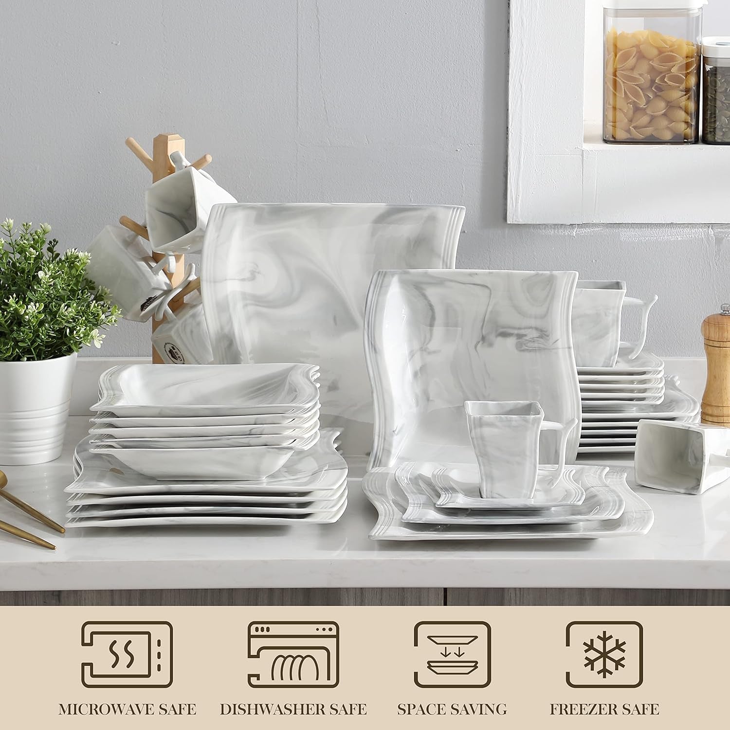 Plates and Bowls Sets, 30 Piece Porcelain Dinnerware Sets for 6, Square Dinnerware Set with Dinner Plate, Dessert Plate, Soup Plate, Cup and Saucer, Modern Dish Set, Marble Grey, Series Flora