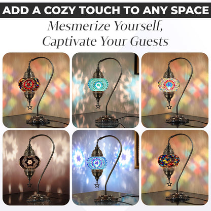 Handmade Turkish Mosaic Table Lamp - Boho Chic Bedside Light in Antique Brass Finish, 15" H, Multicolor Accent for Bedroom & Living Room