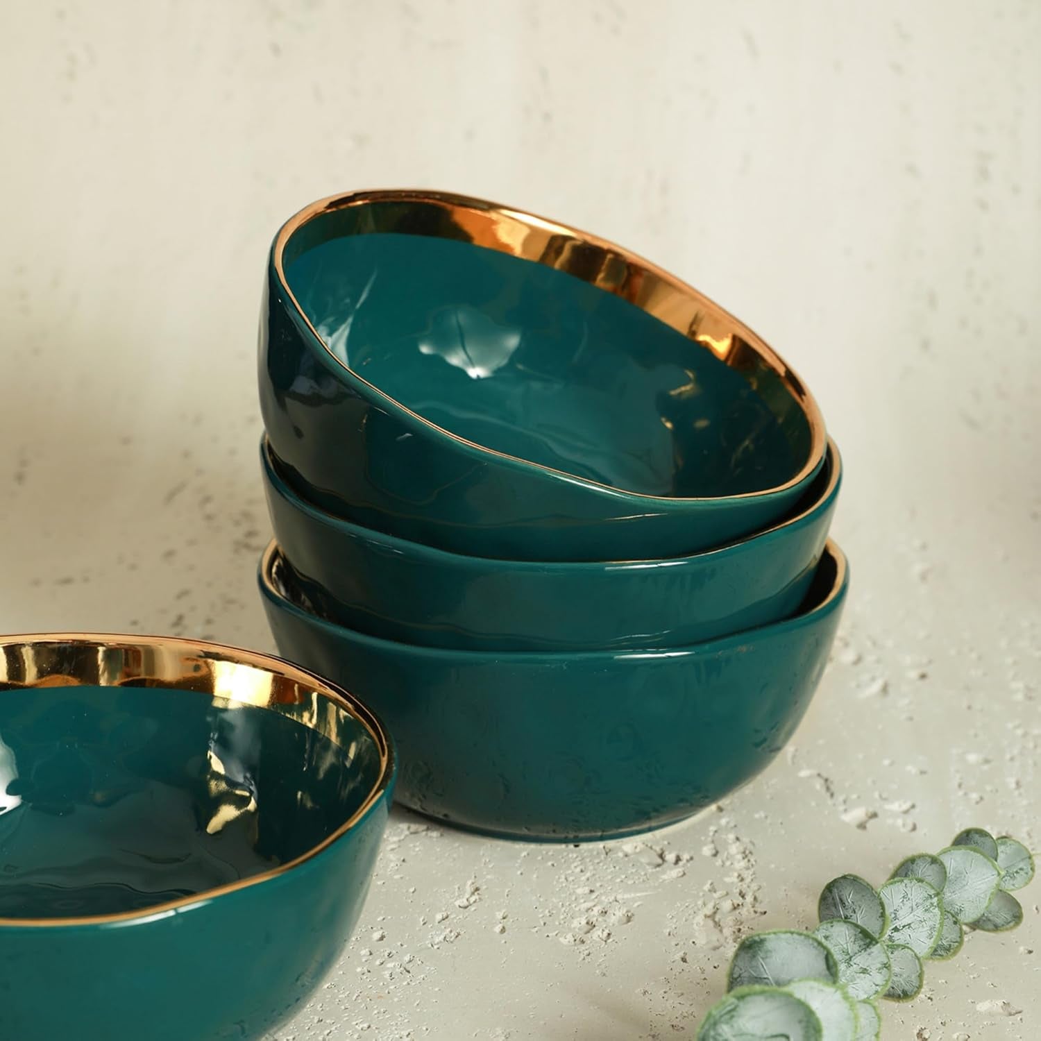 Florian Modern Porcelain Dish Set, 32-Piece Dishes for 8, Gold and Green (Porcelain Dinnerware Set)