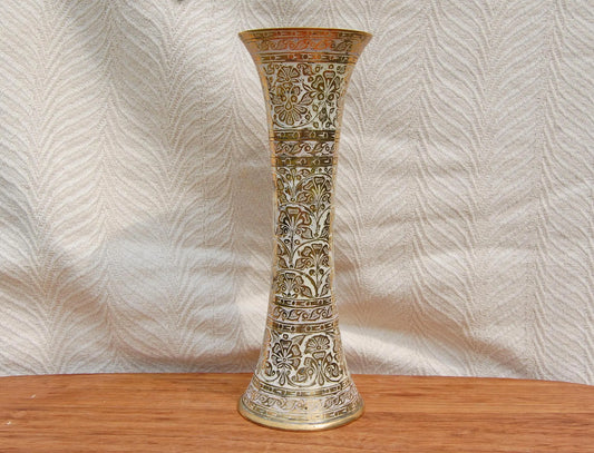 Large Vintage Indian Brass Vase - Decorative Etching - Intricate Design - Made in India - Heavy Brass Vase