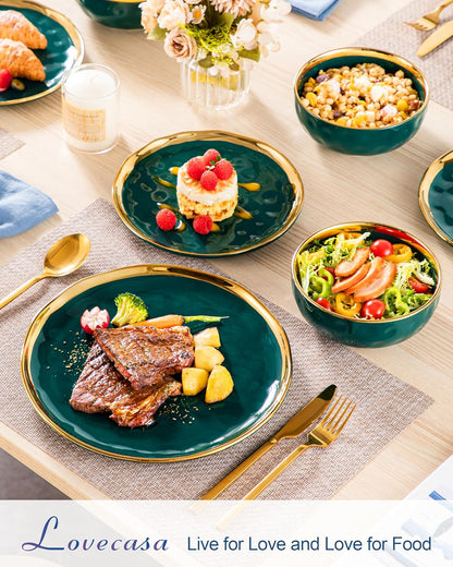 12 Pieces Plates and Bowls Sets, Porcelain Green and Gold Dinnerware Sets, round Dinner Plates Dishes Set Service for 4, Dishwasher Safe and Scratch Resistant, Green
