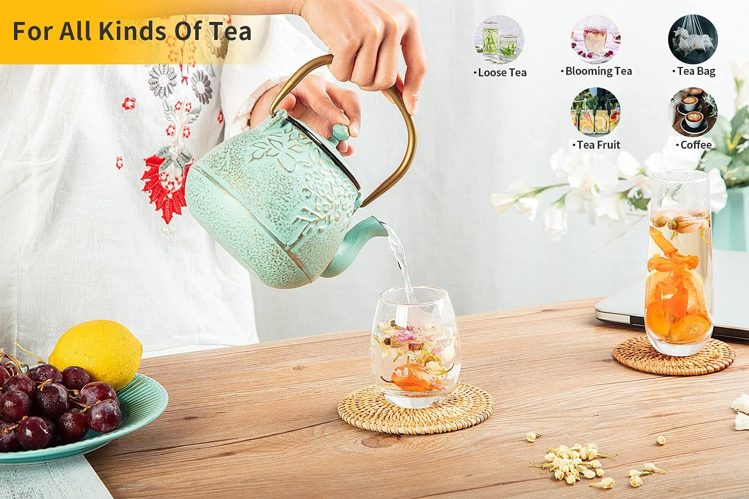 Japanese Teapot with Stainless Steel Infuser, Cast Iron Tea Kettle Stovetop Safe, Leaf Design Coated with Enameled Interior for 32 Ounce (950 Ml), Light Green