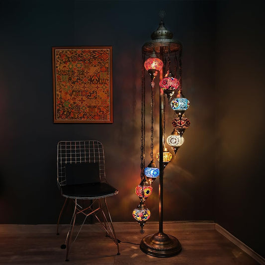 Turkish Lamp 9 Globe Mosaic Floor Lamp, Mosaic Standing Lamp, Moroccan Lamps, Floor Lamp for Decorative Home Designs Offer 5 Inch Globe - Total Height 70 Inch (Colormix)