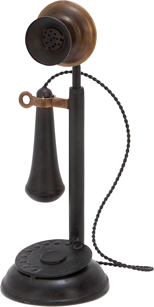Vintage Metal Telephone Sculpture - Elegant Home Décor Accent Figurine with Tiered Base & Coil Wire Detailing, 13" Black Statuesque Design