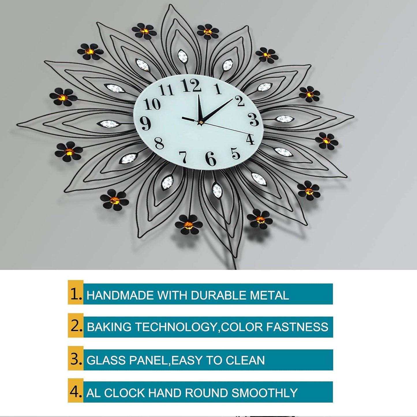 Large Pendulum Wall Clock,Non-Ticking Silent Quartz Metal Wall Clocks,Flower Fancy Wall Clocks for Living Room Decor