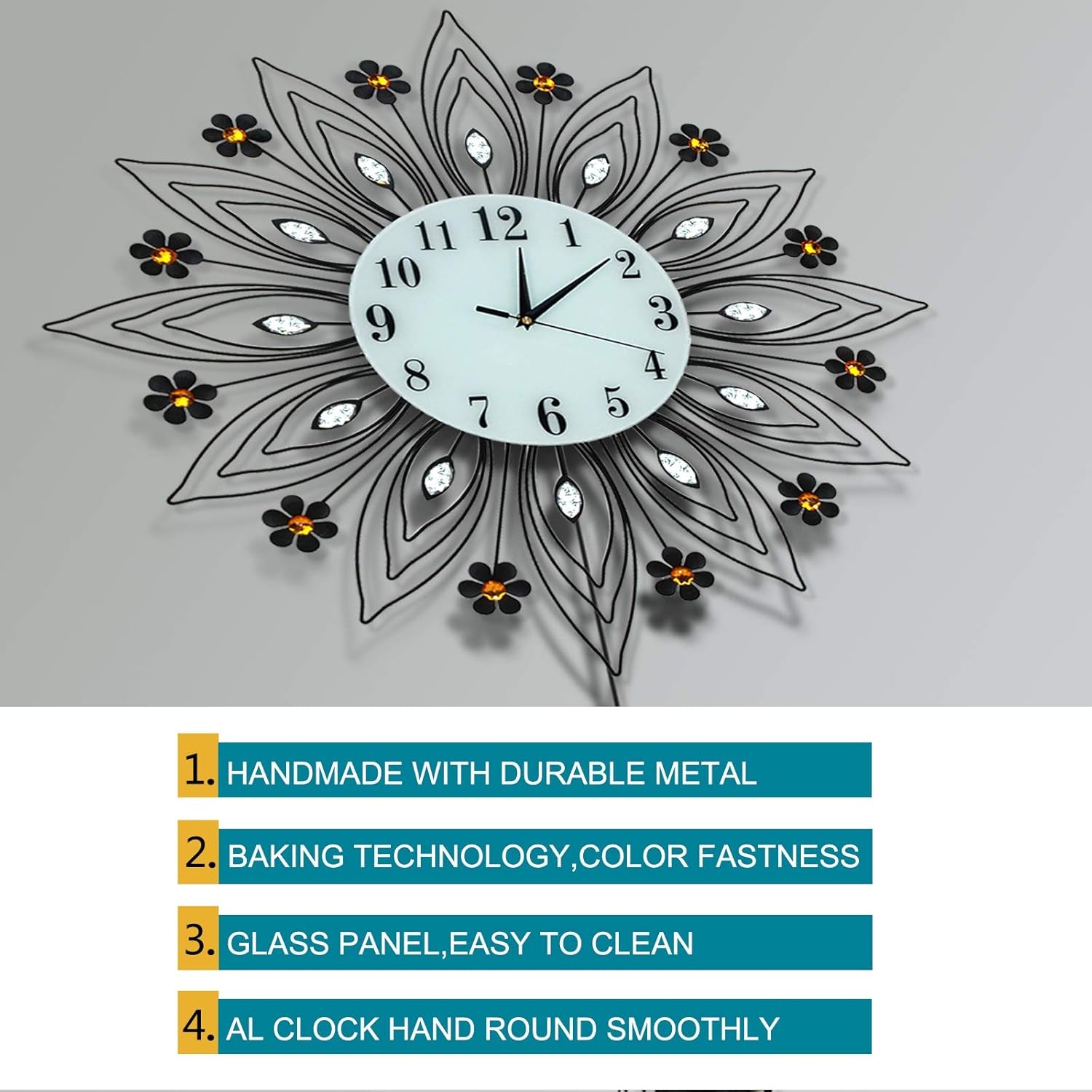 Large Pendulum Wall Clock,Non-Ticking Silent Quartz Metal Wall Clocks,Flower Fancy Wall Clocks for Living Room Decor