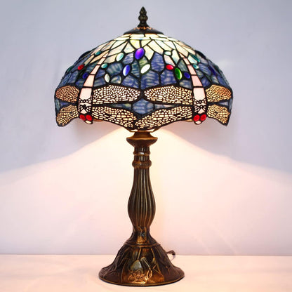 Tiffany Table Lamp Blue Stained Glass Dragonfly Style Desk Bedside Reading Light 12X12X18 Inches Decor Bedroom Living Room Home Office S631 Series