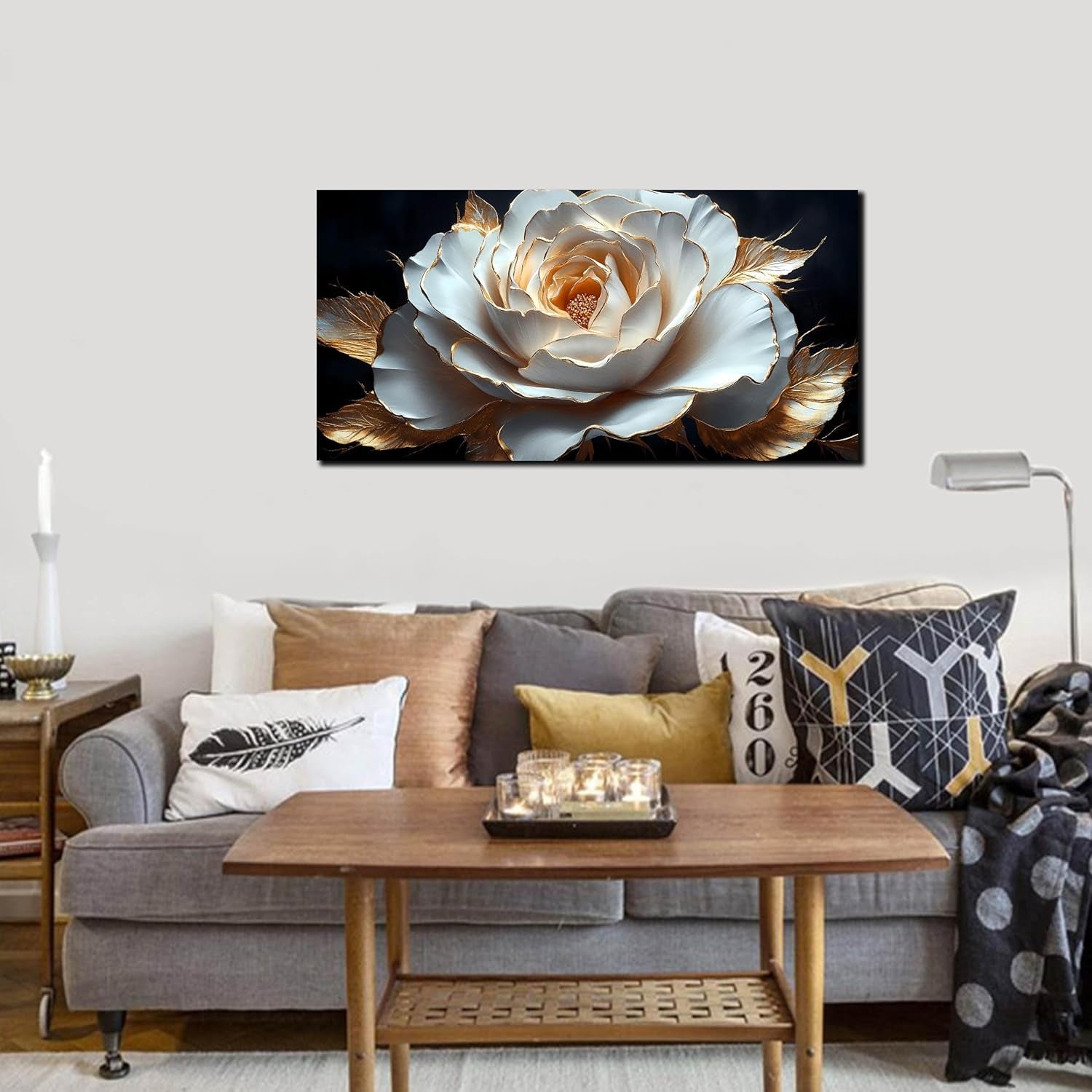 Large White Flower Canvas Wall Art for Living Room Bedroom Home Office Black and White Flower Picture Modern Canvas Prints Framed Wall Decor Artwork Size 20X40