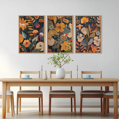 Burnt Orange Floral Framed Wall Art Set, Large Boho Botanical Canvas Wall Decor, Mid Century Modern Plant Wall Prints, 3 Piece 16X24 Inches Art Print for Living Room, Bedroom, Office