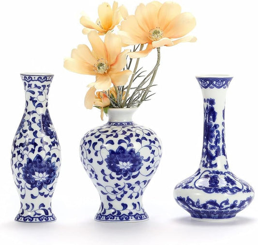 Small Blue and White Vase Classical Ceramic Vases Set of 3, Chinese Porcelain Vases with Art Flambed Glazed，Decorative Modern Floral Vase for Home Decor and Events (No.01)