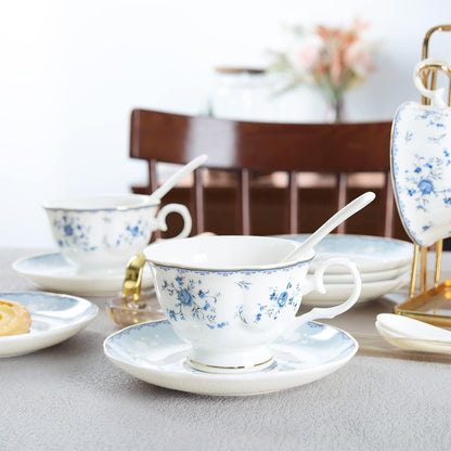 15 Piece Blue Rose Porcelain Tea Set, British Floral Teapot with Tea Cups, Women Tea Party Set for 6
