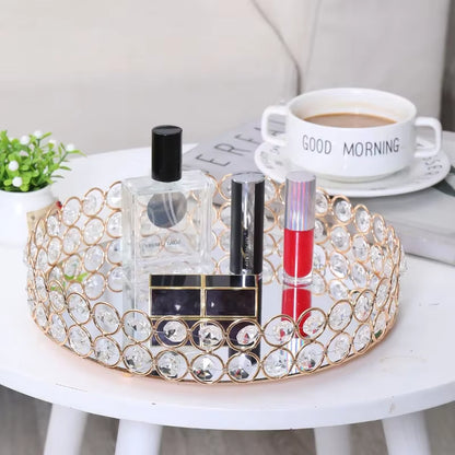 Crystal Decoratiive Mirror Tray round Plate Luxury Serving Tray Table Metal Makeup Storage Dishes Wedding Trinket Decoration
