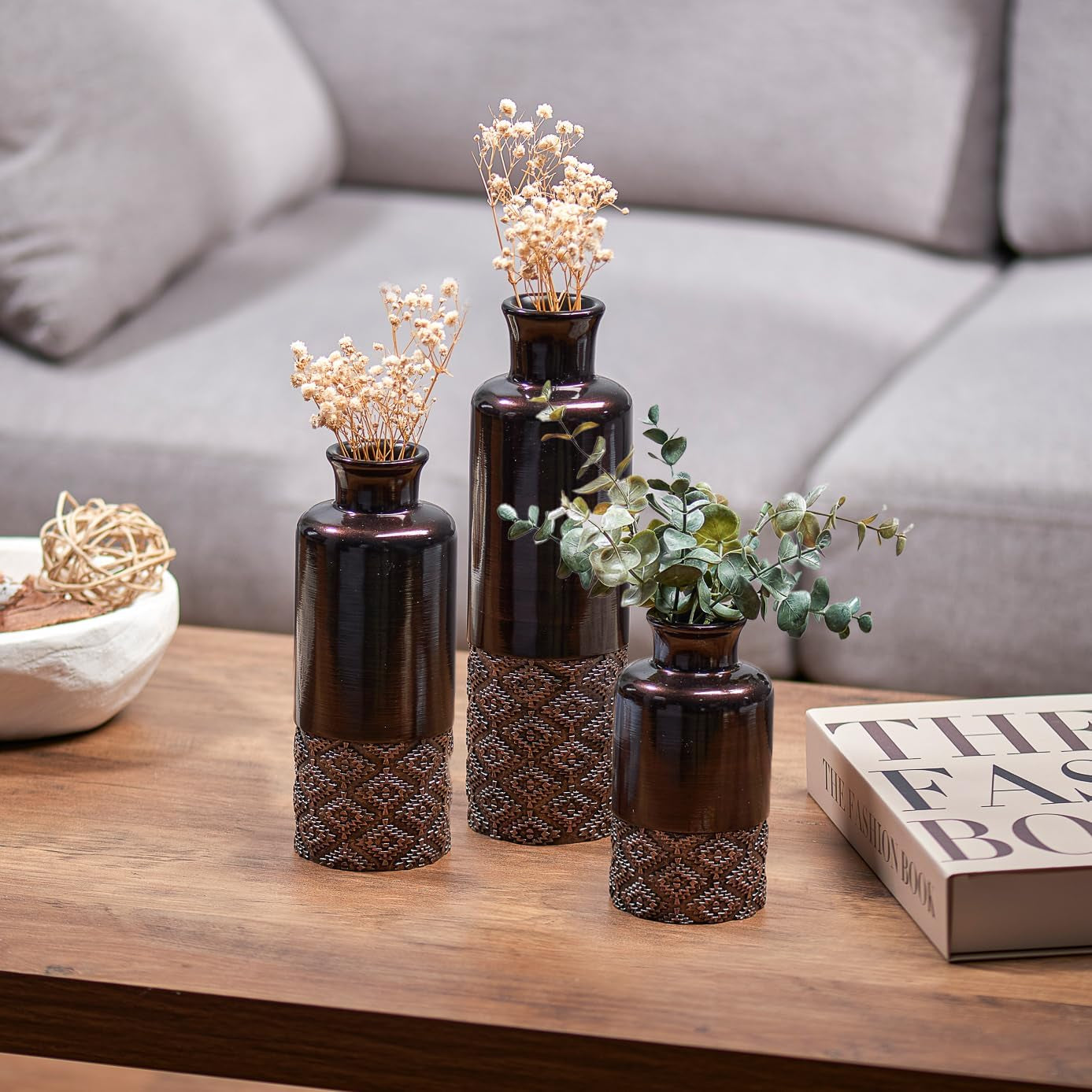 Dublin Brown Vases - Set of 3 Vases - Table Centerpieces for Dining Room, Kitchen Décor, Home Decor for Your Living Room, Dining Room, Bedroom, Office, Entry Table or Shelf Decor