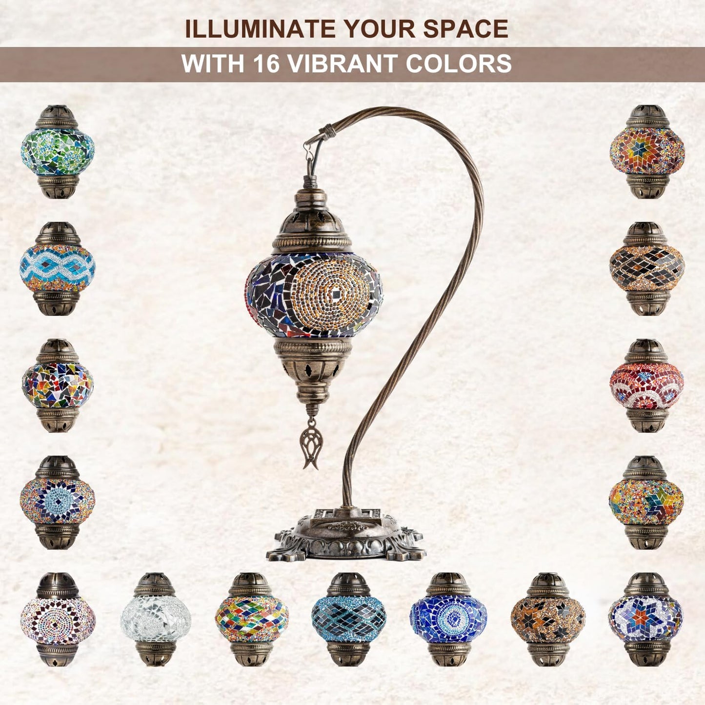 Handmade Turkish Moroccan Mosaic Lamp – Stunning Glass Swan Neck Design with Antique Brass Base, Perfect for Bedroom, Office, and Living Room – Includes Bulb (Red & Navy Central Circles)