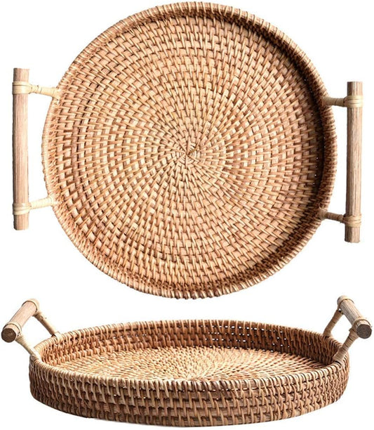 Woven Serving Tray, Rattan round Tray, Wicker Serving Basket with Wooden Handles (12.6 Inch / 32Cm)
