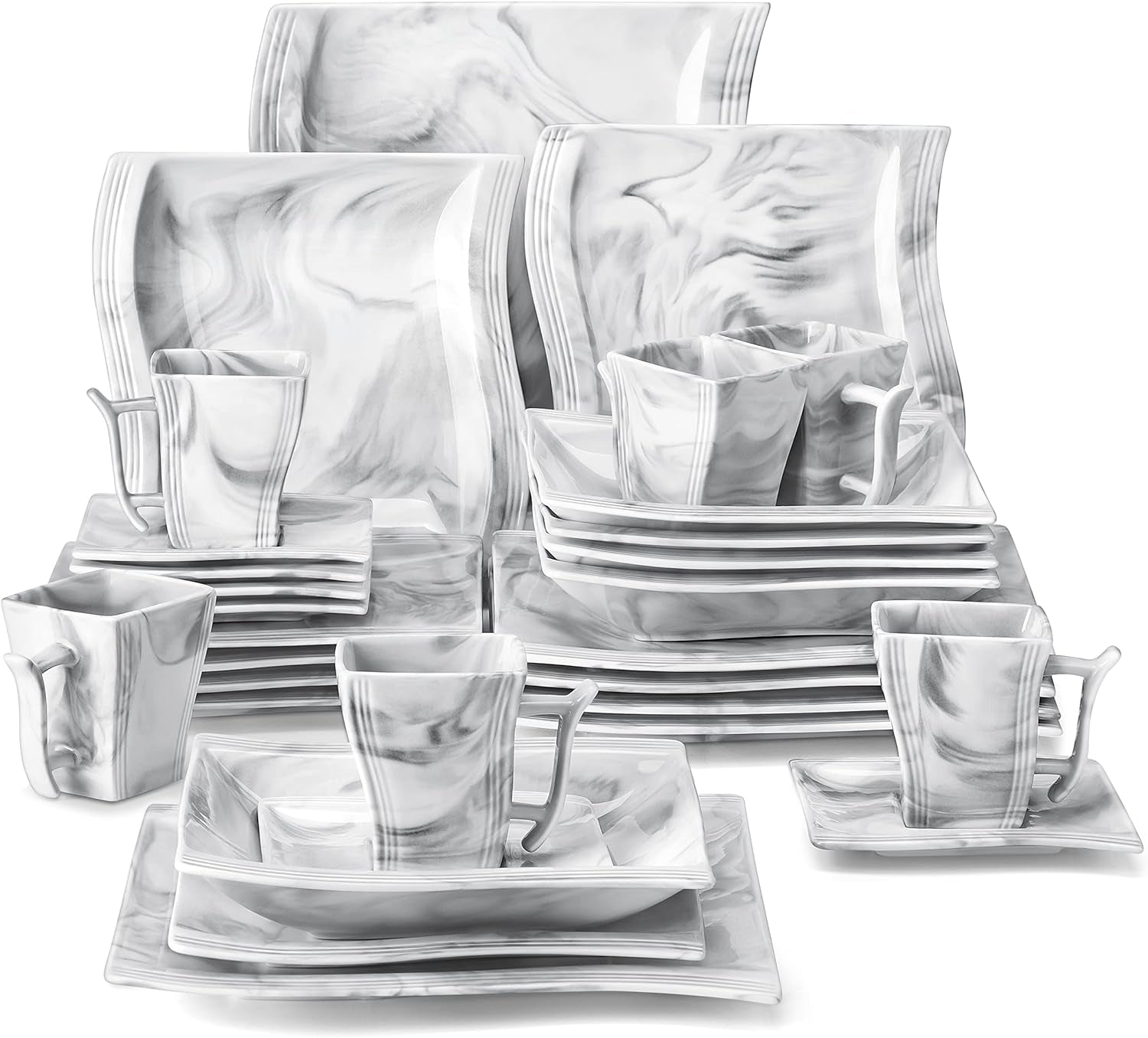 Plates and Bowls Sets, 30 Piece Porcelain Dinnerware Sets for 6, Square Dinnerware Set with Dinner Plate, Dessert Plate, Soup Plate, Cup and Saucer, Modern Dish Set, Marble Grey, Series Flora