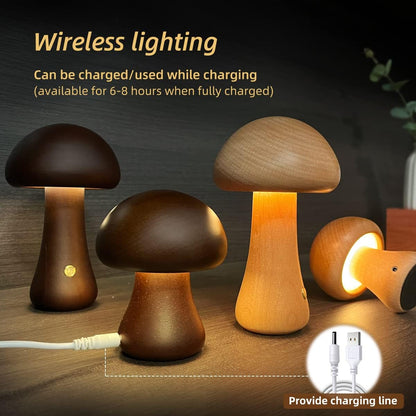 INS Wooden Cute Mushroom LED Night Light with Touch Switch Bedside Table Lamp for Bedroom Childrens Room Sleeping Night Lamps Home Decor